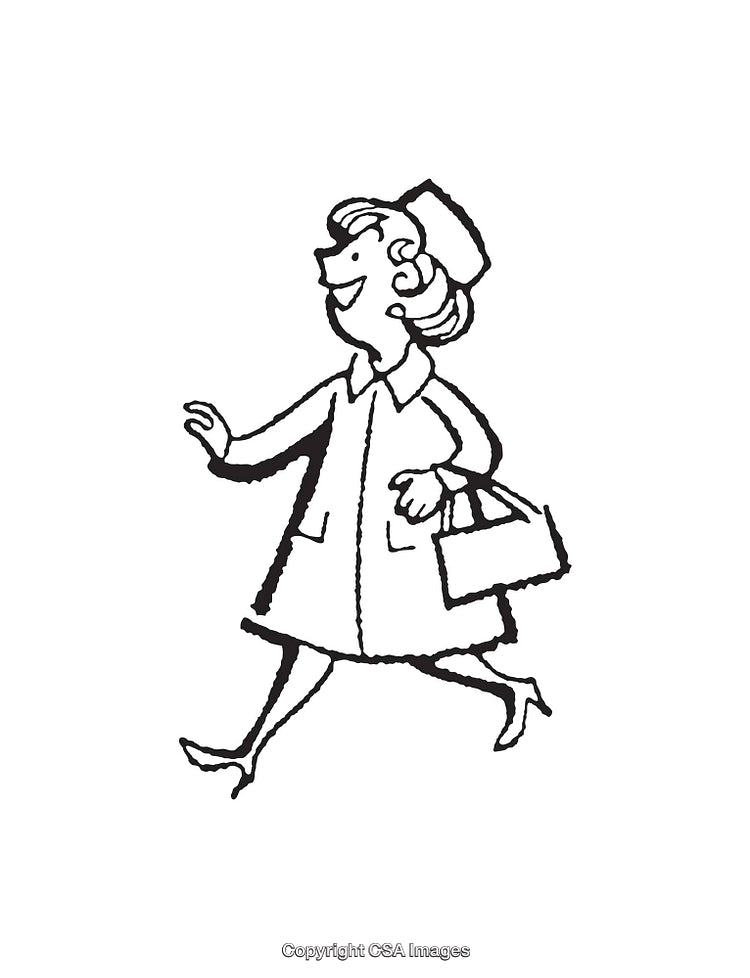 Black And White Illustration of a Woman Walking With a Handbag