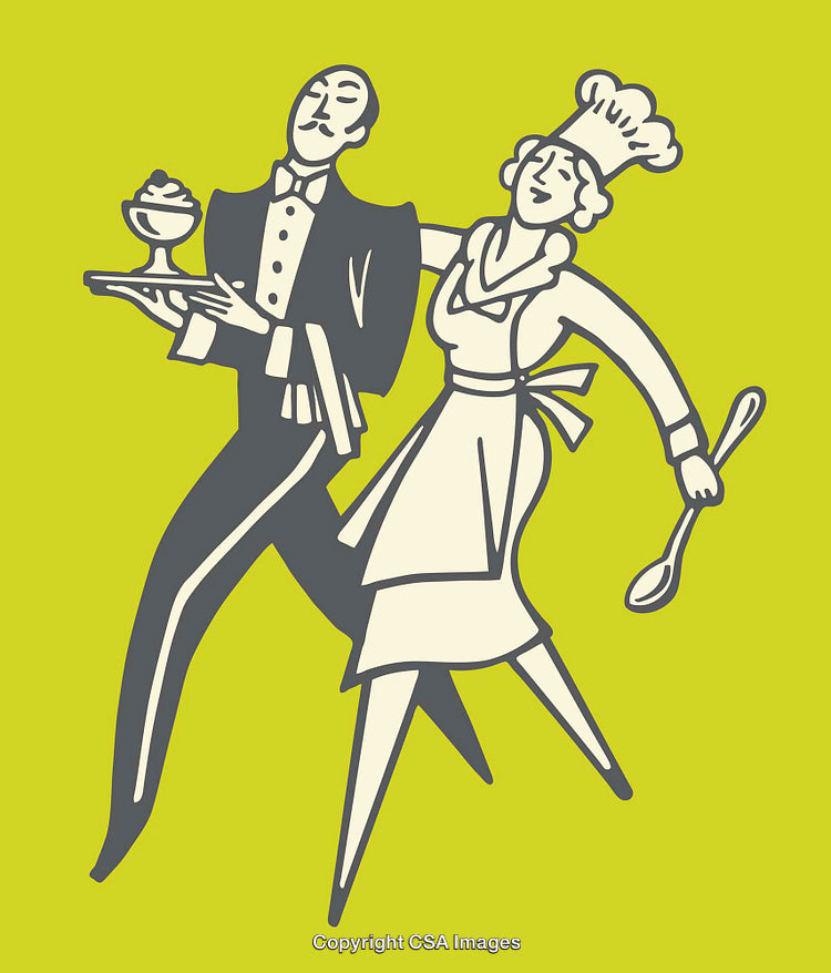 Chef and Butler Dancing Cartoon Line Art Illustration on Yellow Background