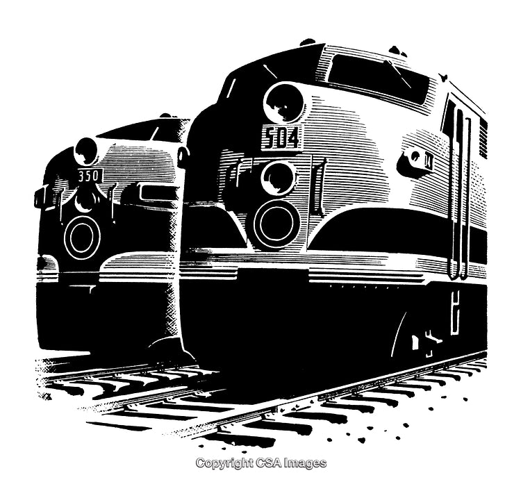 Detailed Black and White Illustration of Two Classic Locomotives on Tracks