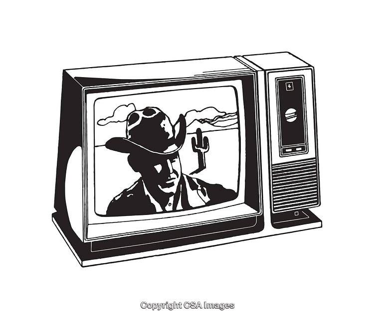 Vintage Television with Western Scene in Black and White Illustration