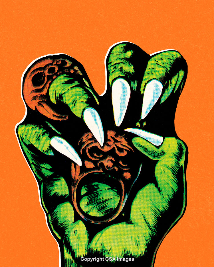 Illustration of Green Monster Hand on Bright Orange Background