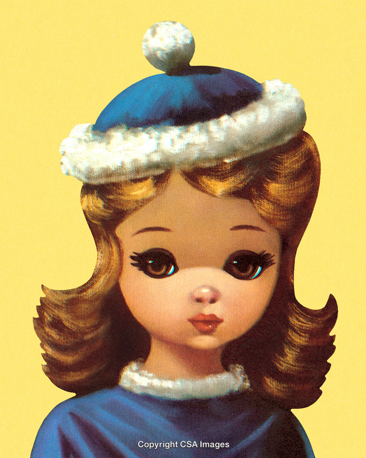 Vintage Illustration of a Girl in a Cozy Winter Outfit and Blue Hat