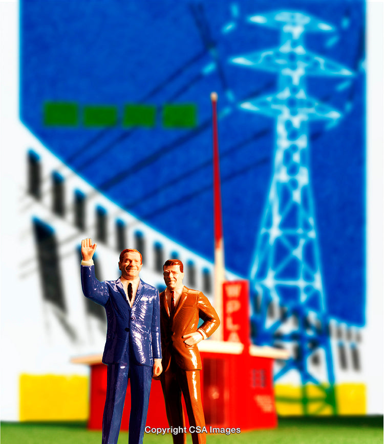 Miniature Figures in Front of Tower with Blue Abstract Background