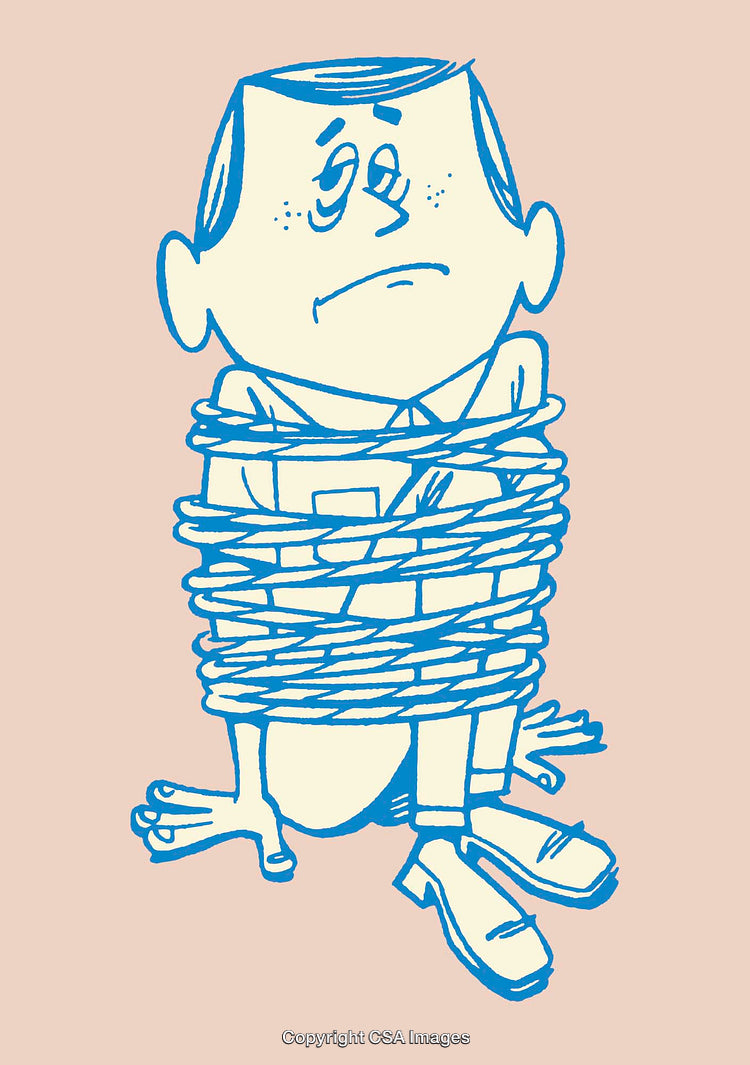 Whimsical Cartoon Character Bound With Rope in Line Art Style