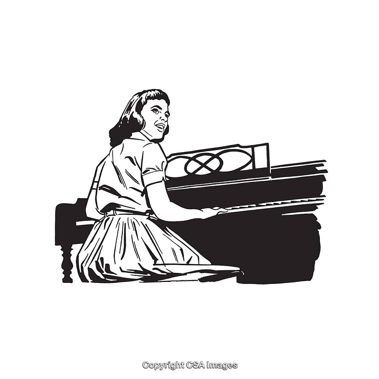 Retro Line Art of a Woman Playing a Piano in Black and White