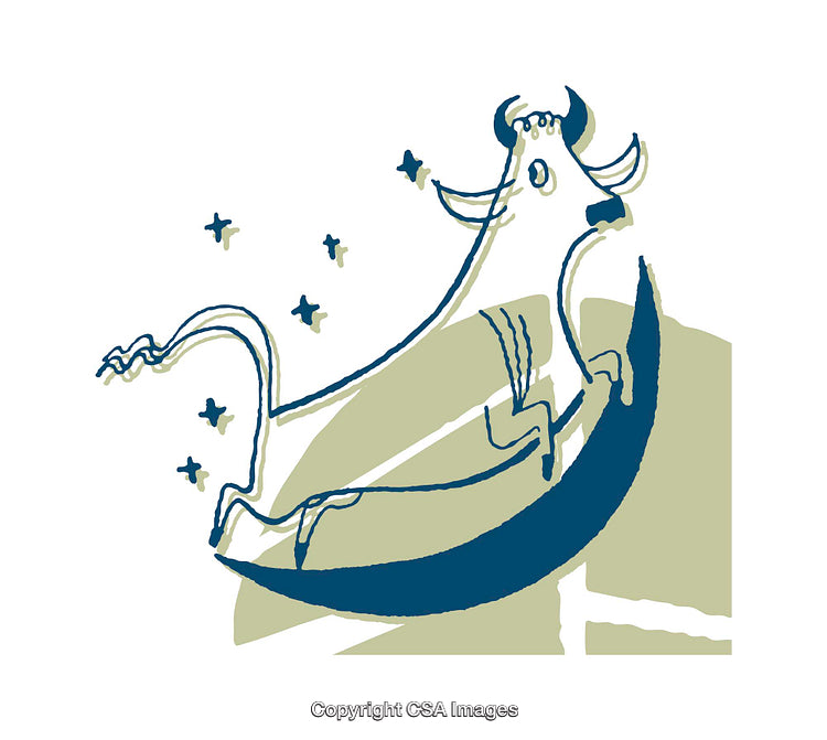 Playful Cow Illustration of a Moon Jump in Stylized Vector Art