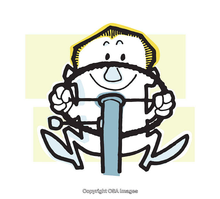 Playful Cartoon Character Steering a Wheel in Motion