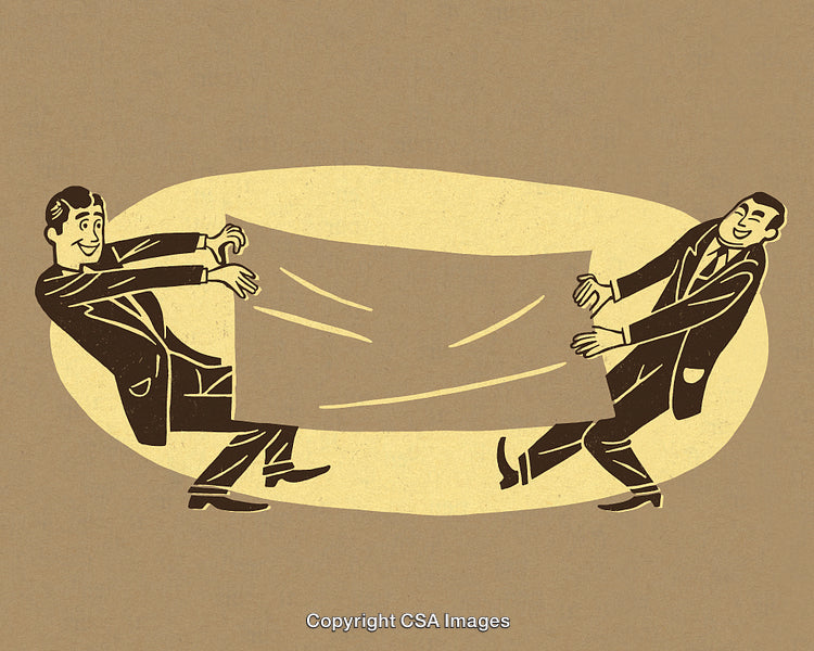 Two Businessmen Competing and Pulling Opposite Sides of a Cloth