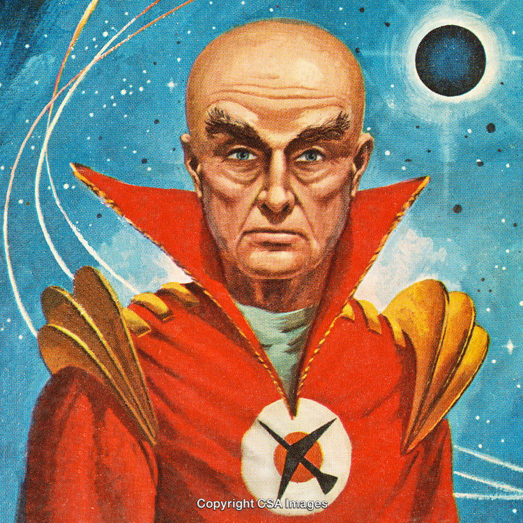 Eccentric Space Figure with Cosmic Background and Intriguing Attire