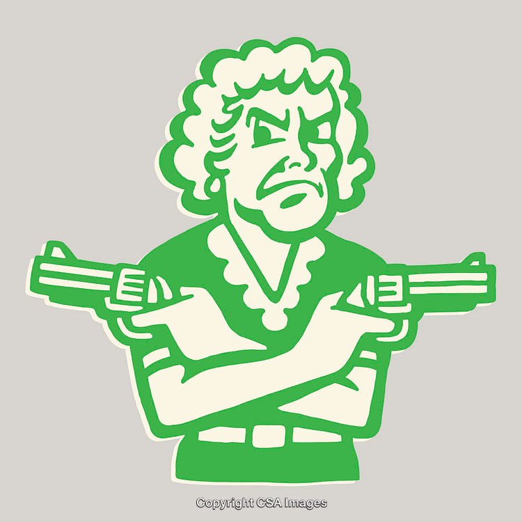 Bold Green Artwork Depicting a Woman Dual-Wielding Pistols in Line Art Style