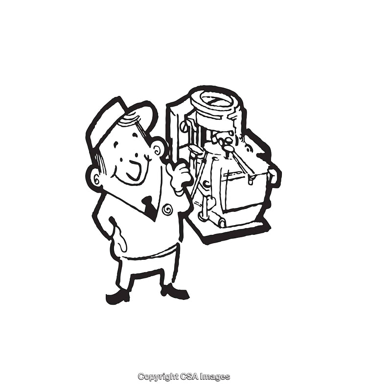 Vintage Line Art Illustration of Technician Demonstrating Machinery