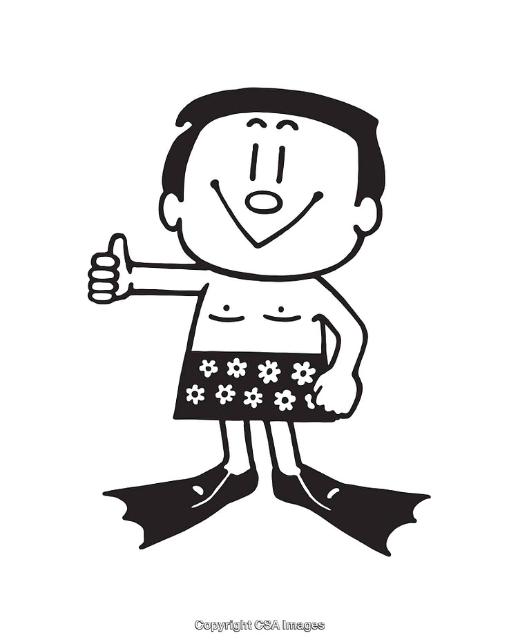 Cheerful Cartoon Diver in Swimwear Giving a Thumbs Up Black and White Art