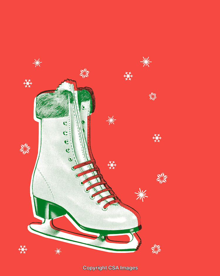 Vintage White Ice Skate with Snowflakes on Red Background