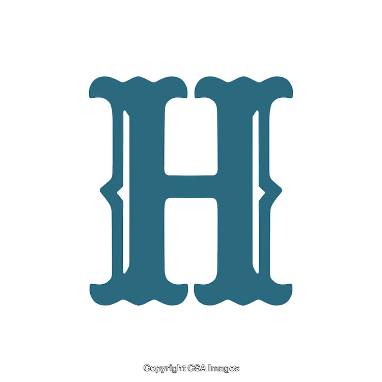 Ornate blue uppercase letter H on white background.