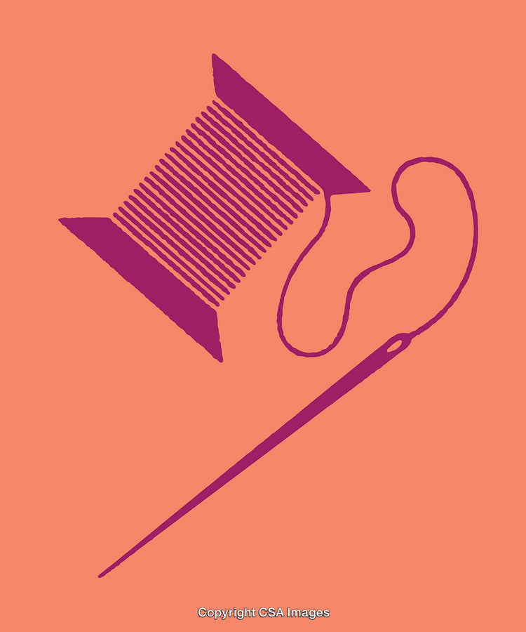Purple Needle and Thread Illustration on a Coral Background