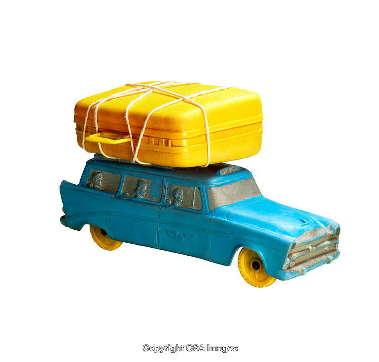 Colorful Plastic Car Toy With Attached Travel Suitcase on Roof
