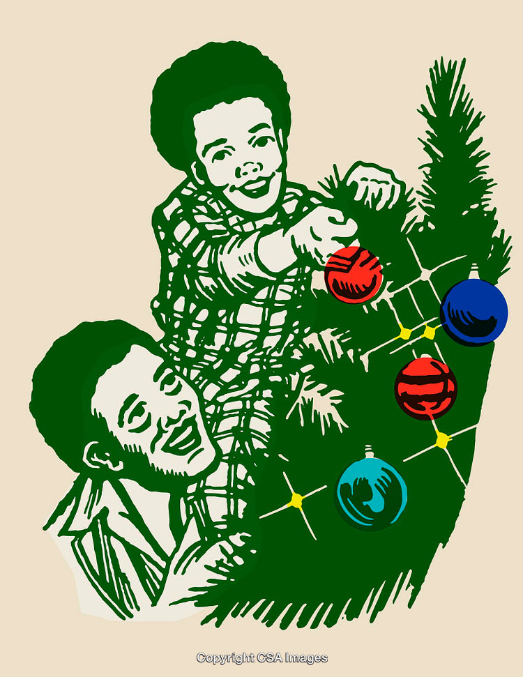 Festive Family Decorating a Christmas Tree with Joyful Expressions