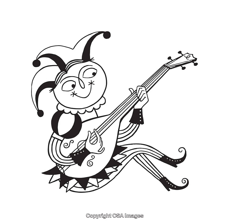 Jester Playing the Mandolin in Black and White Line Art Illustration
