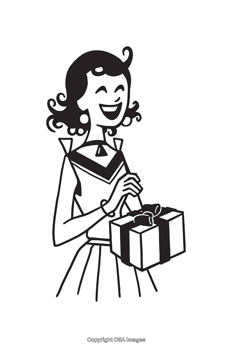 Retro Illustration of a Woman Smiling With a Gift Box