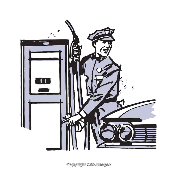 Retro Illustration of a Smiling Attendant Fueling a Vehicle