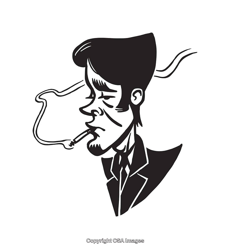 Stylized Black and White Line Art Illustration of a Smoking Man