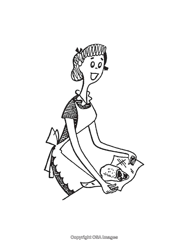 Woman in Apron Preparing Meal in Black and White Line Art Style