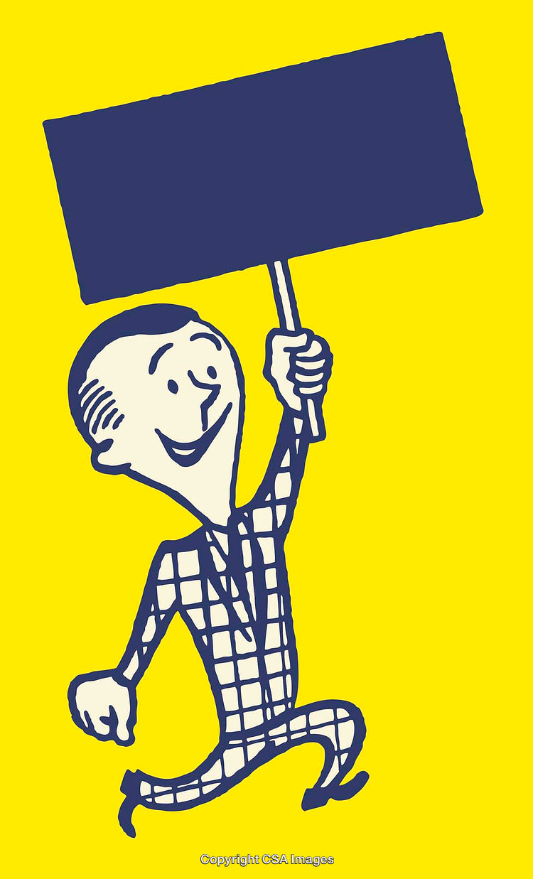 Cheerful Character Holding a Blank Sign on Bold Yellow Background