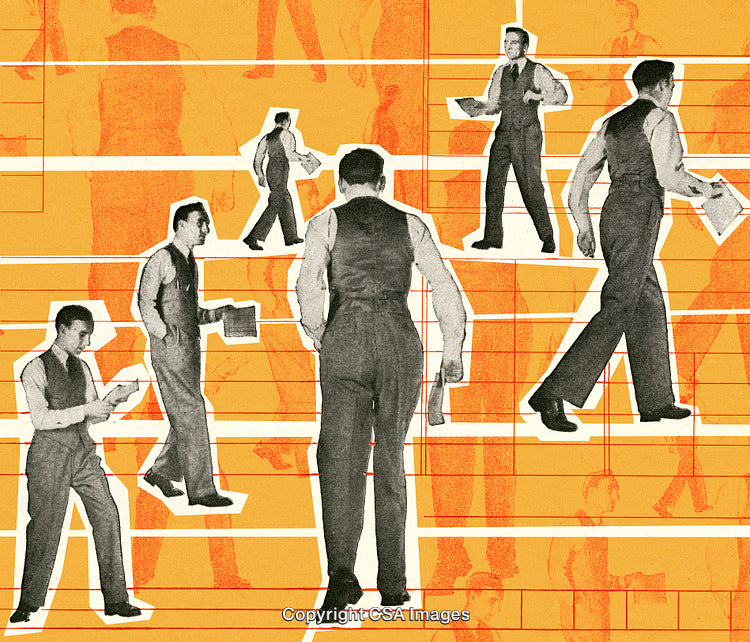Retro Illustration of Businessman Performing Various Activities on Orange Background