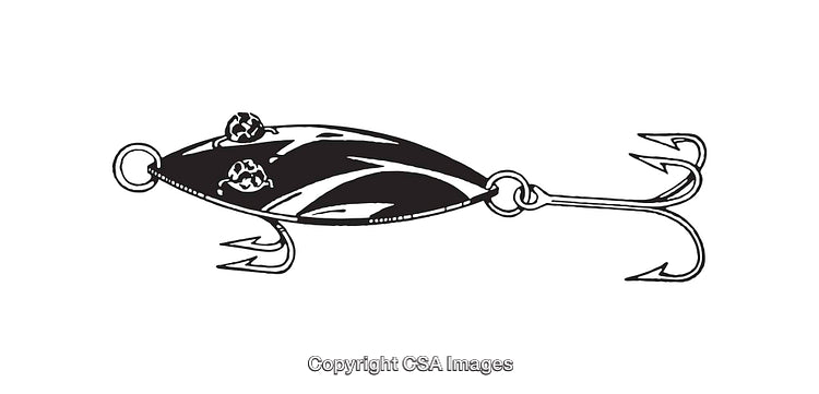 Black and White Line Art Illustration of a Fishing Lure with Hooks