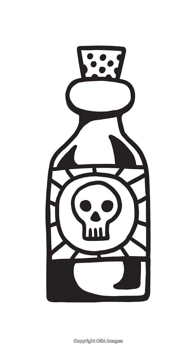 Black and White Skull Bottle Illustration with Stylized Design