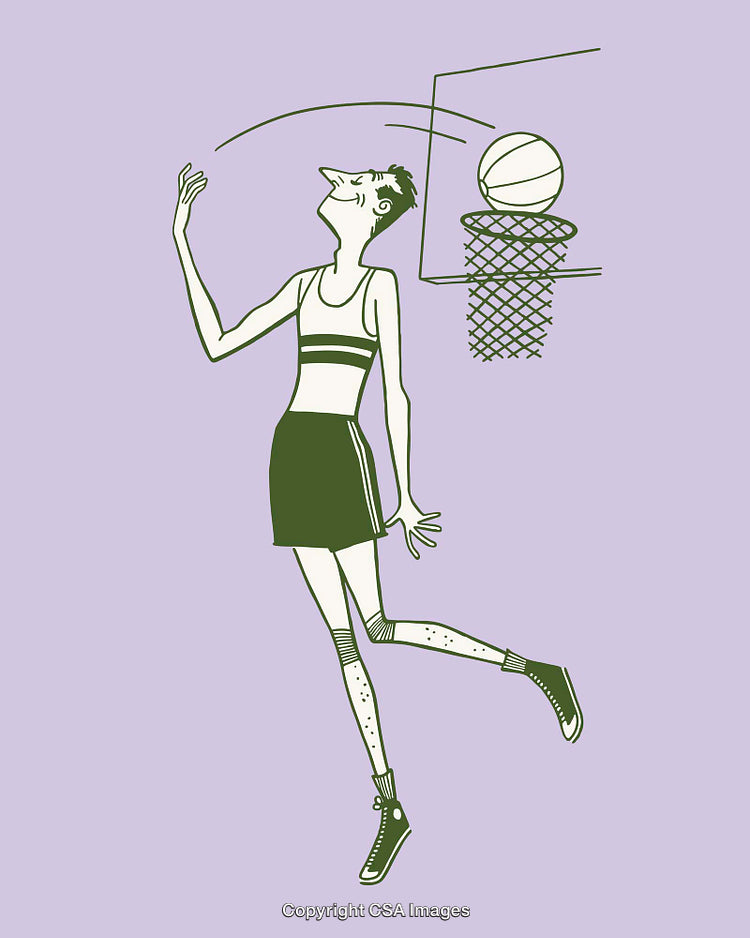 Illustration of a Basketball Player Jumping and Scoring a Hoop in Green Tones