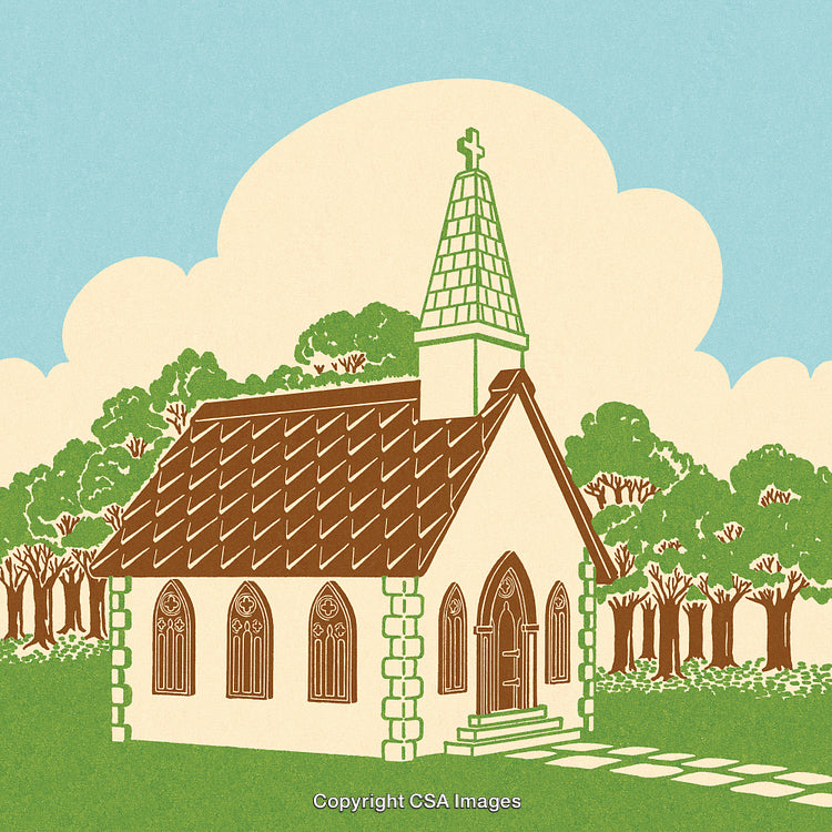Charming Country Chapel Surrounded by Lush Greenery Under Blue Skies