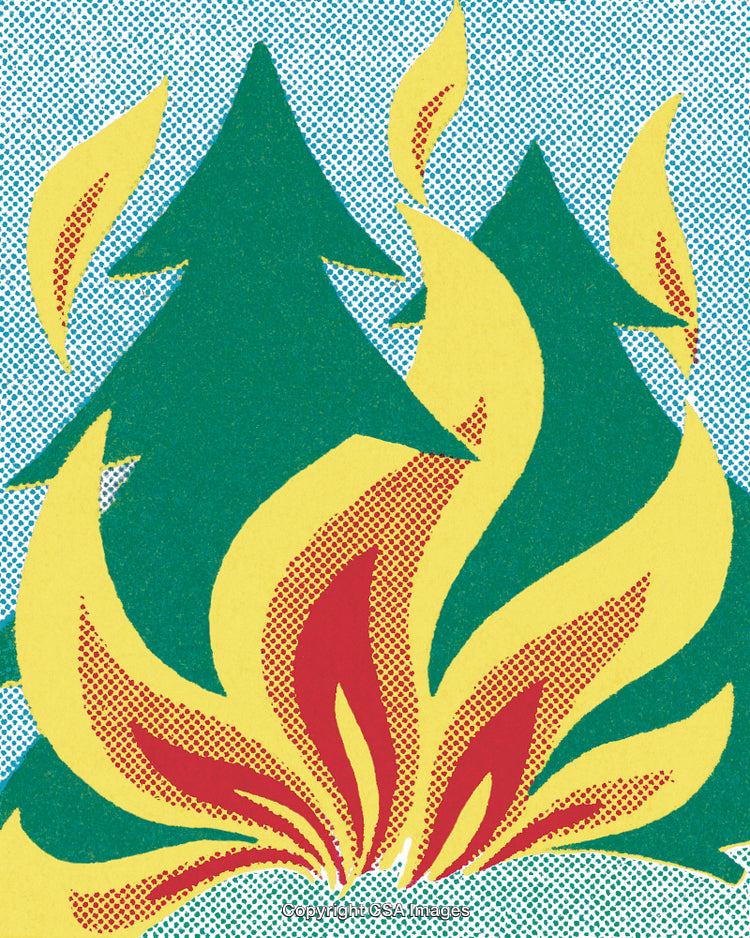 Stylized Forest Fire Illustration with Vibrant Colors and Abstract Flames
