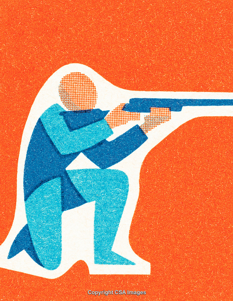 Illustration of Person Kneeling with Rifle Against Bold Orange Background