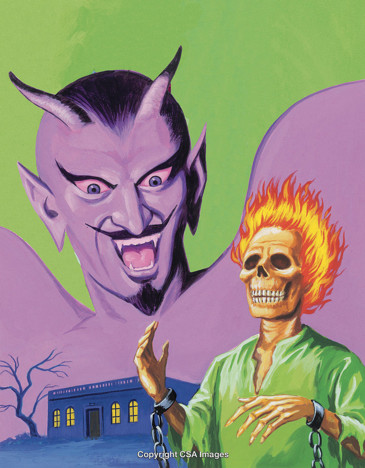 Illustrated Portrayal of Devilish Figure and Fiery Skeleton in Gothic Scene
