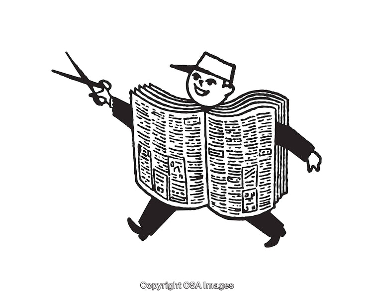 Vintage Black and White Line Art of a Newspaper Character