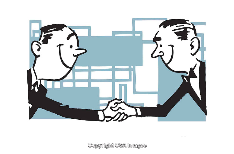 Vintage Illustration of Two Smiling Men Shaking Hands in Agreement