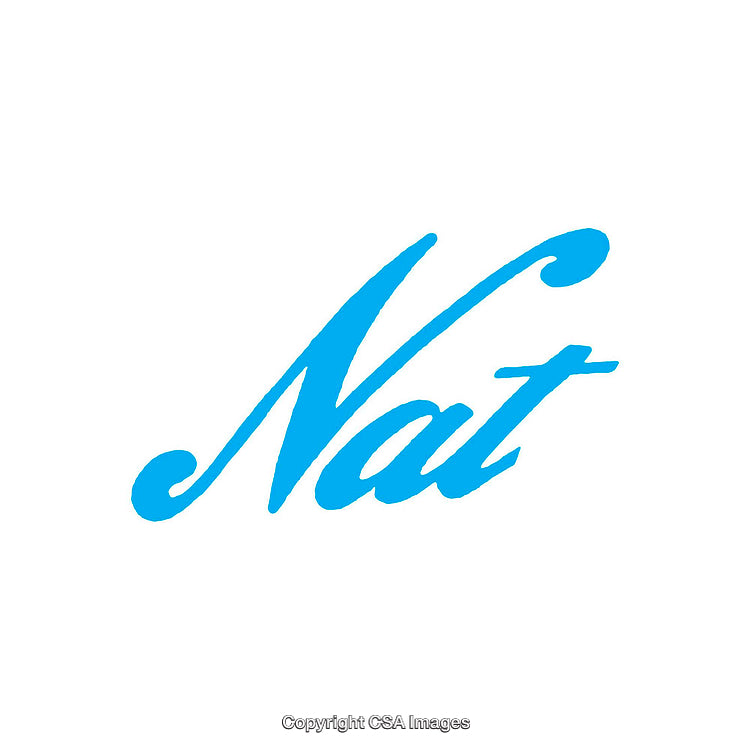 Blue Word Nat in Script Font on White Background