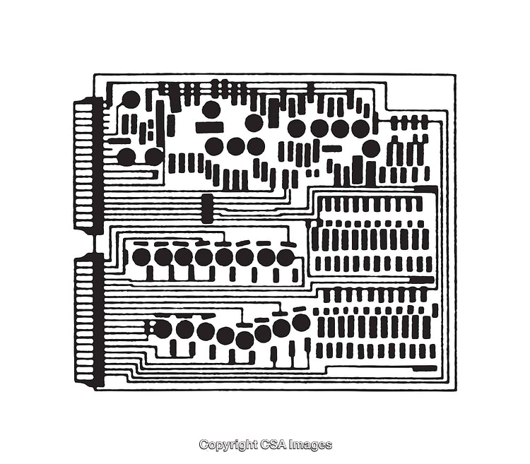 Black and White Illustration of a Complex Circuit Board Design