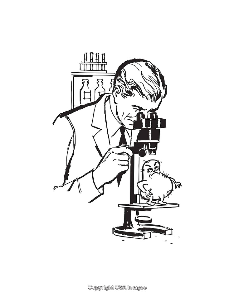 Scientist Examines Cartoony Microbe Under a Microscope in Laboratory