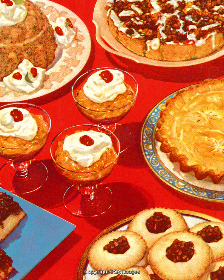 Retro Display of Desserts Including Pies, Pastries, and Creamy Treats