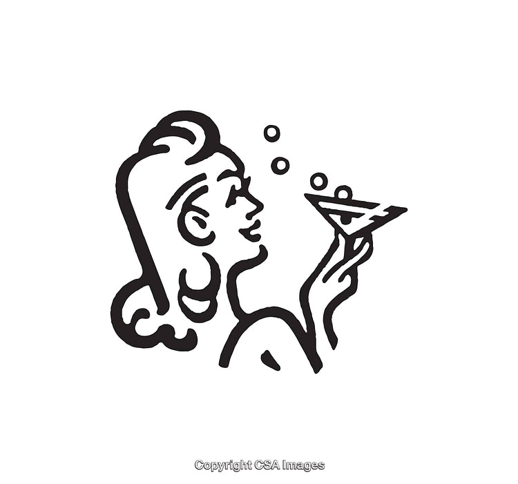 Black and White Line Art of a Woman Enjoying a Cocktail Drink
