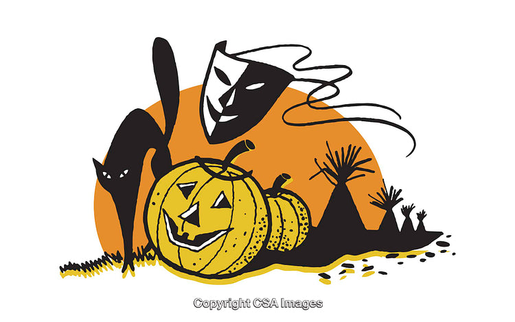 Halloween Illustration Featuring Pumpkin, Mask, Cat, and Orange Background
