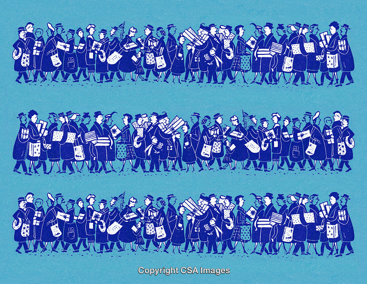 Illustrated Holiday Shoppers During Winter Season Carrying Festive Gifts and Packages