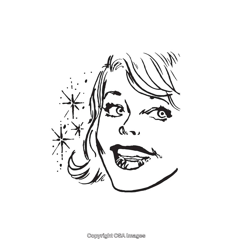 Retro Black and White Illustration of a Smiling Woman with Sparkling Details