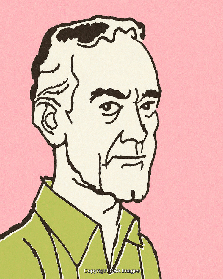 Hand-Drawn Portrait of Thoughtful Man on Pink and Green Background