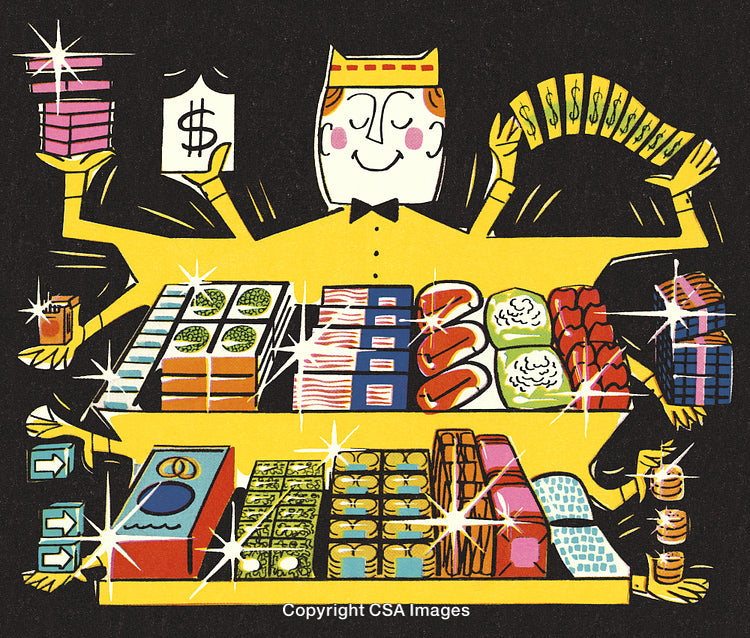 Colorful Illustration Featuring Multitasking Character With Various Objects Signifying Abundance and Wealth