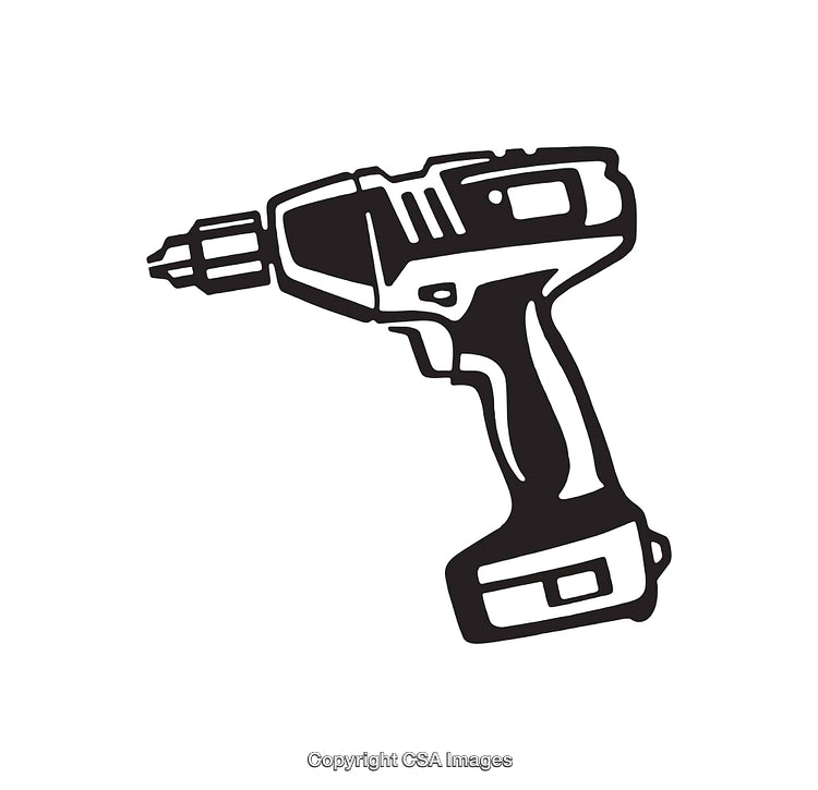 Black and White Line Art Illustration of a Cordless Power Drill Tool