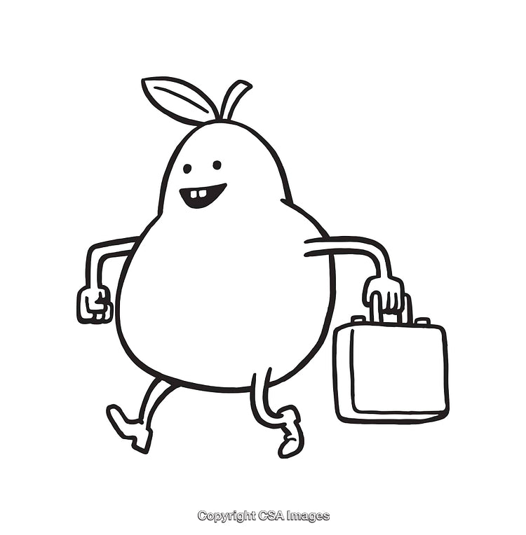 Cute Pear Character Holding Briefcase in Black and White Line Art