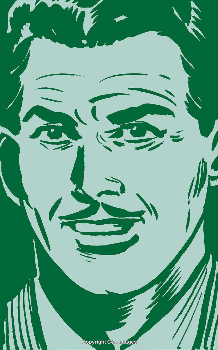 Vintage Style Graphic of A Smiling Man in Green and Blue Tones
